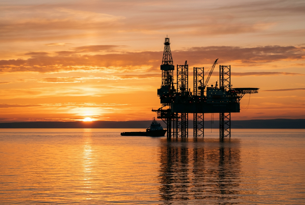 Plataforma fija offshore al atardecer